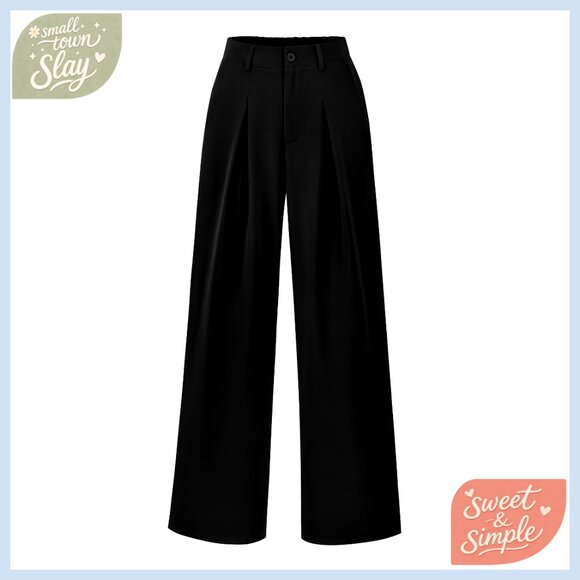High Waist Wide Leg Palazzo Pants Elastic Back Pockets Office Casual